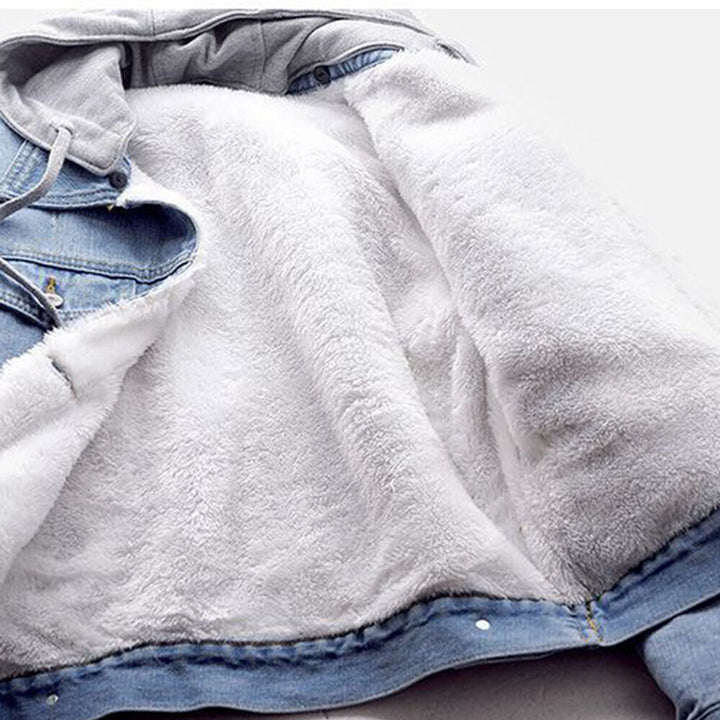 Chic plus size hooded jacket for women. Comfortable, versatile denim outerwear, ideal for stylish layering.