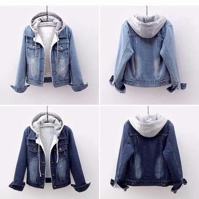 Stylish women's plus size hooded denim jacket. Essential versatile outerwear for comfortable everyday wear.