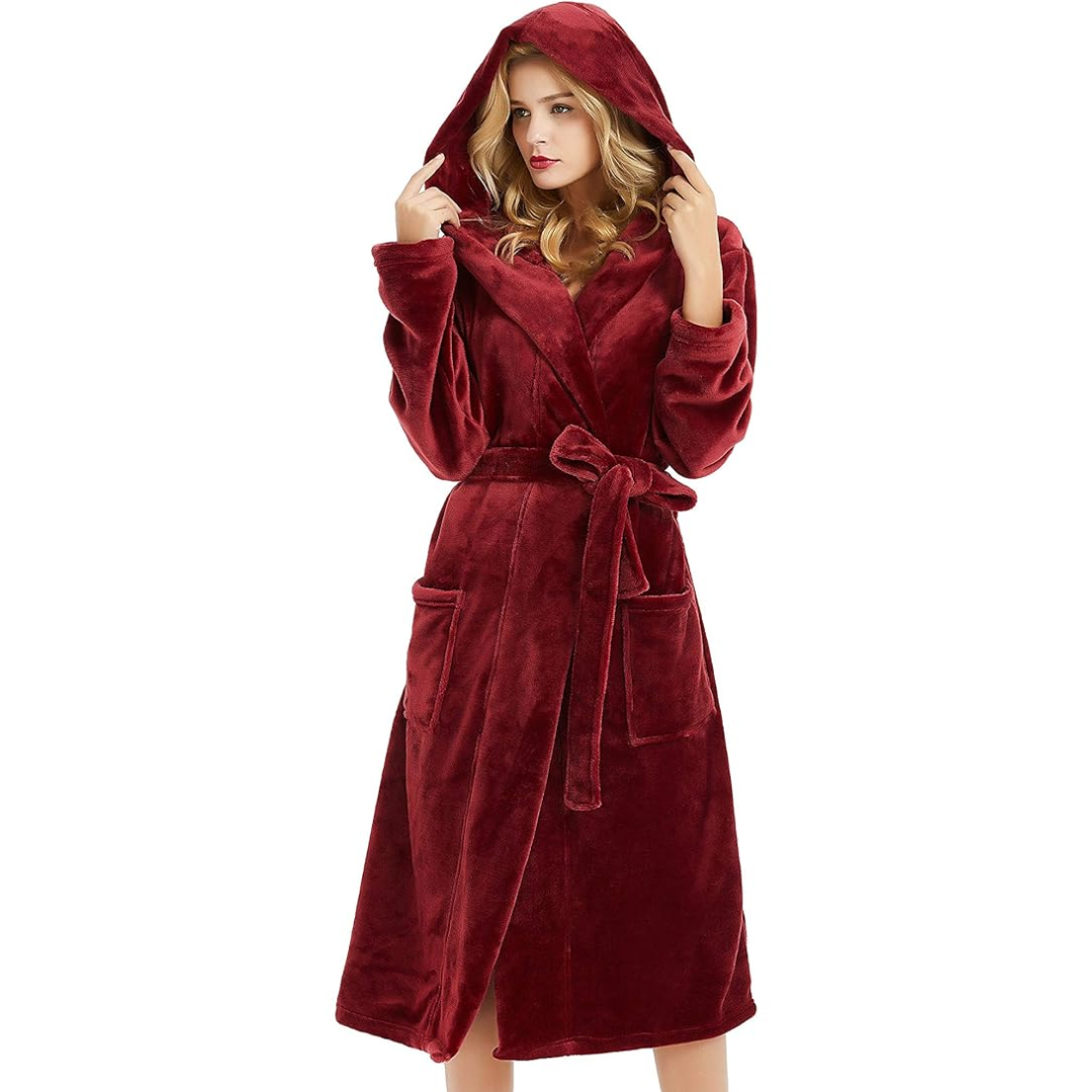 Gentle women's hooded fleece robe, cozy and soft for ultimate warmth.