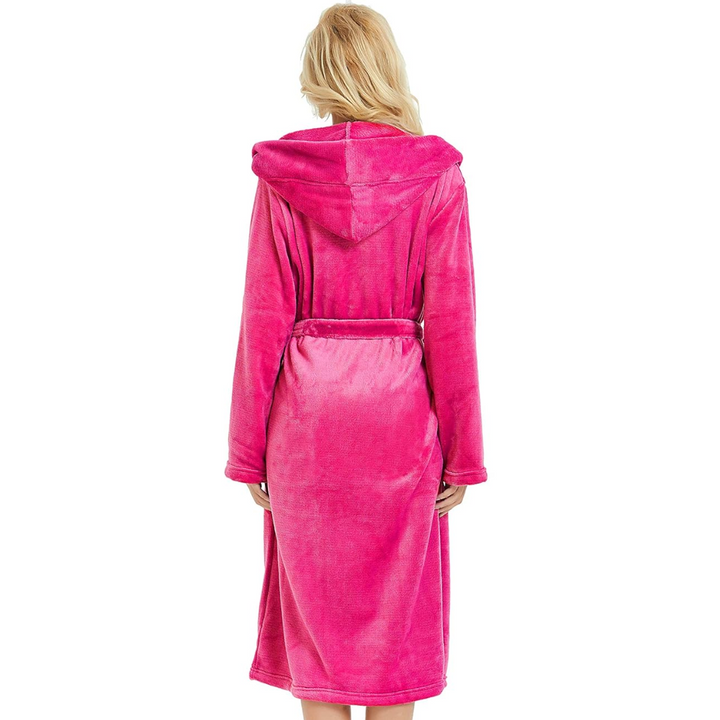Stylish women's hooded fleece bathrobe, perfect for spa or morning routine.