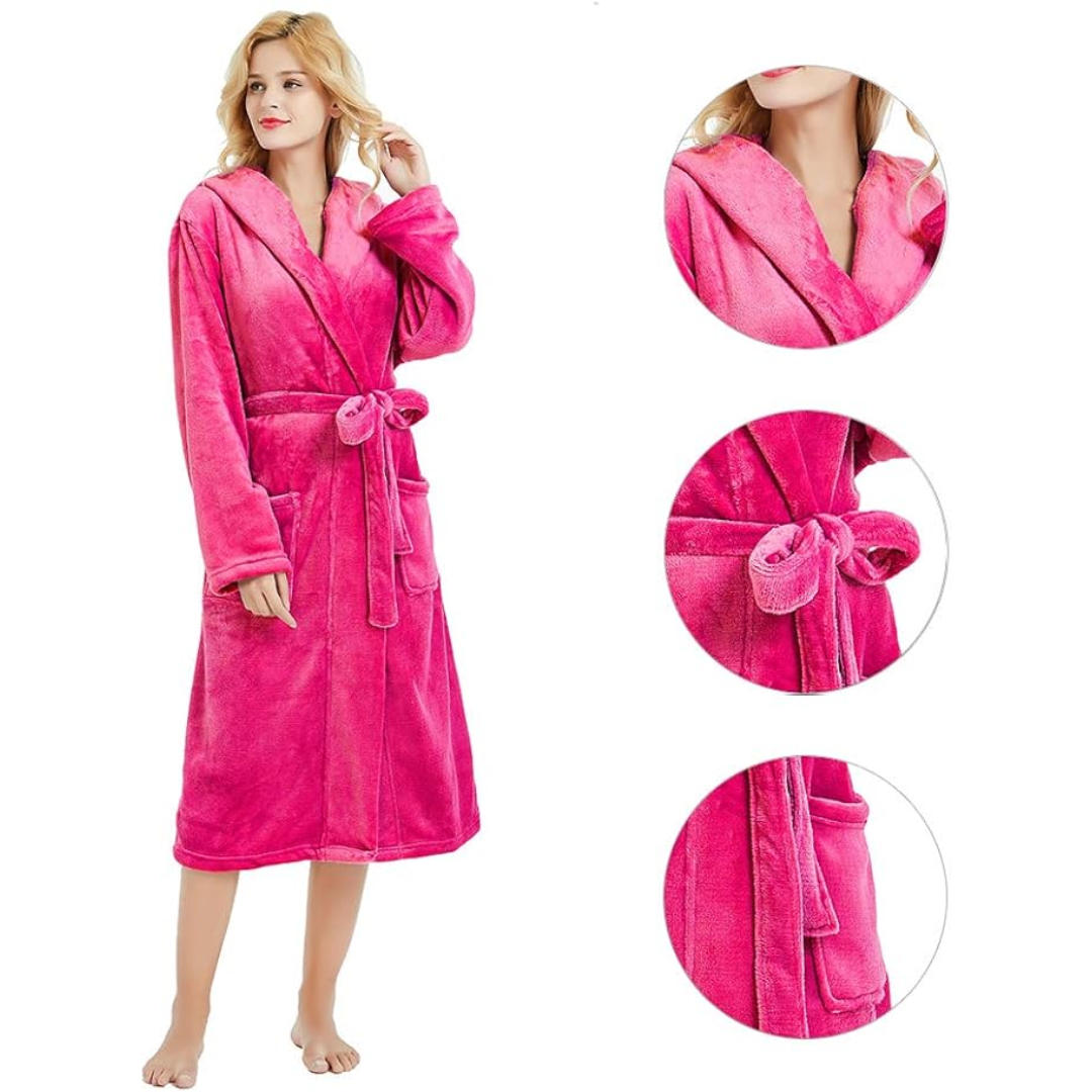 Women's hooded fleece winter robe, providing plush comfort and warmth.
