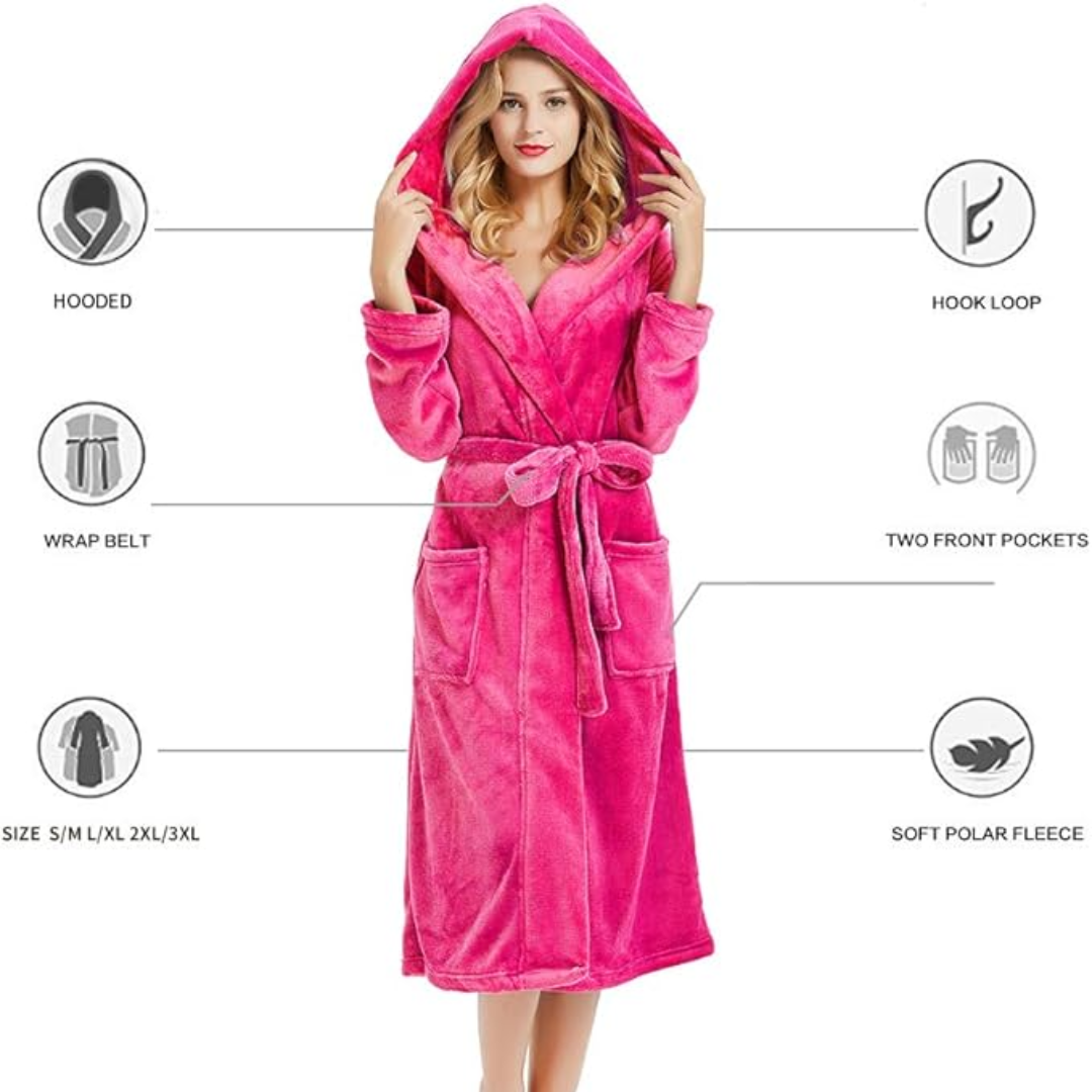 Soft women's hooded bathrobe, plush fleece for cozy moments and relaxation.
