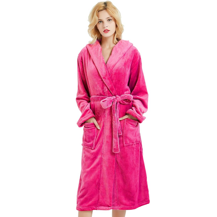 Comfortable women's hooded fleece robe with practical pockets, perfect loungewear.