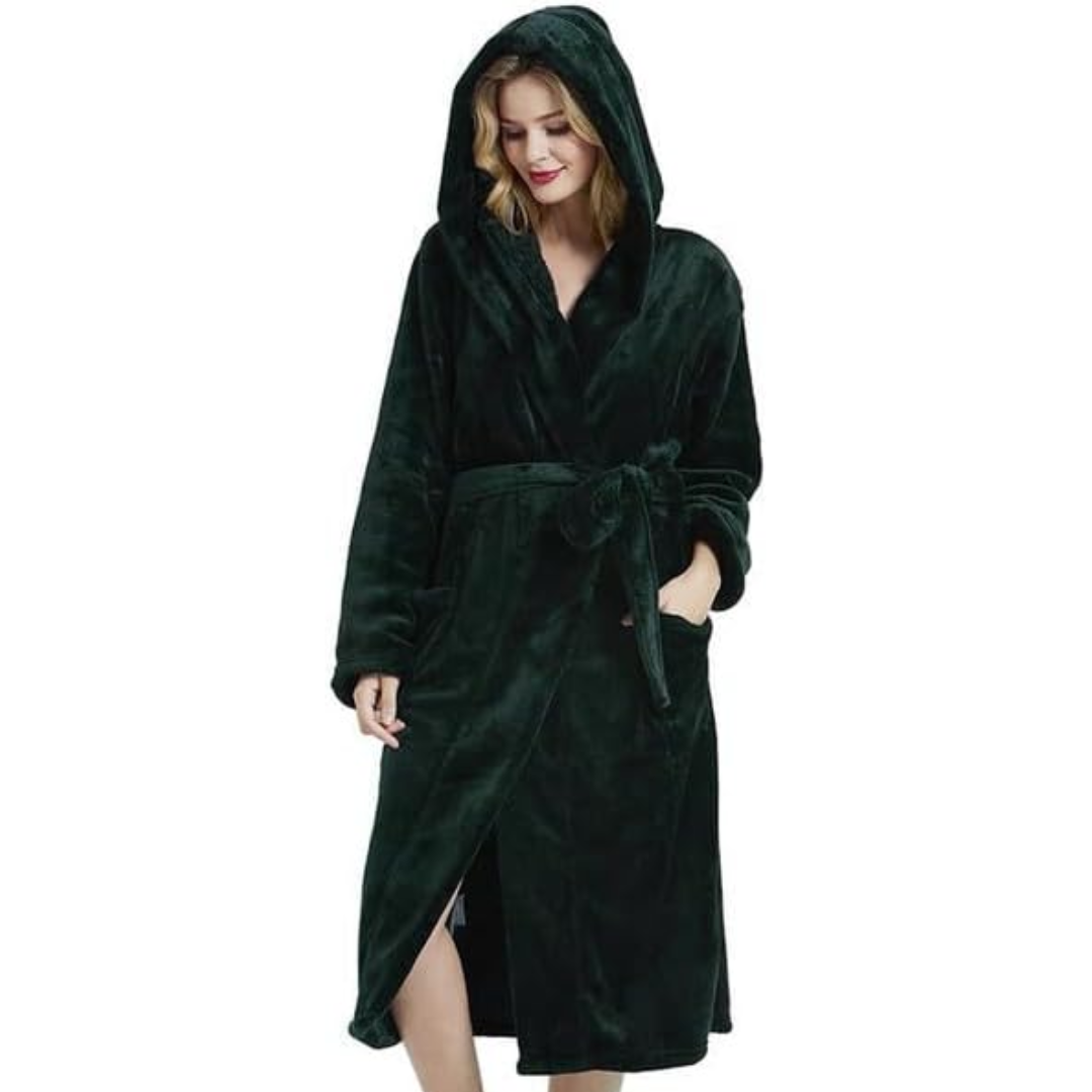 Relaxing women's fleece bathrobe with hood, great for lounging at home.