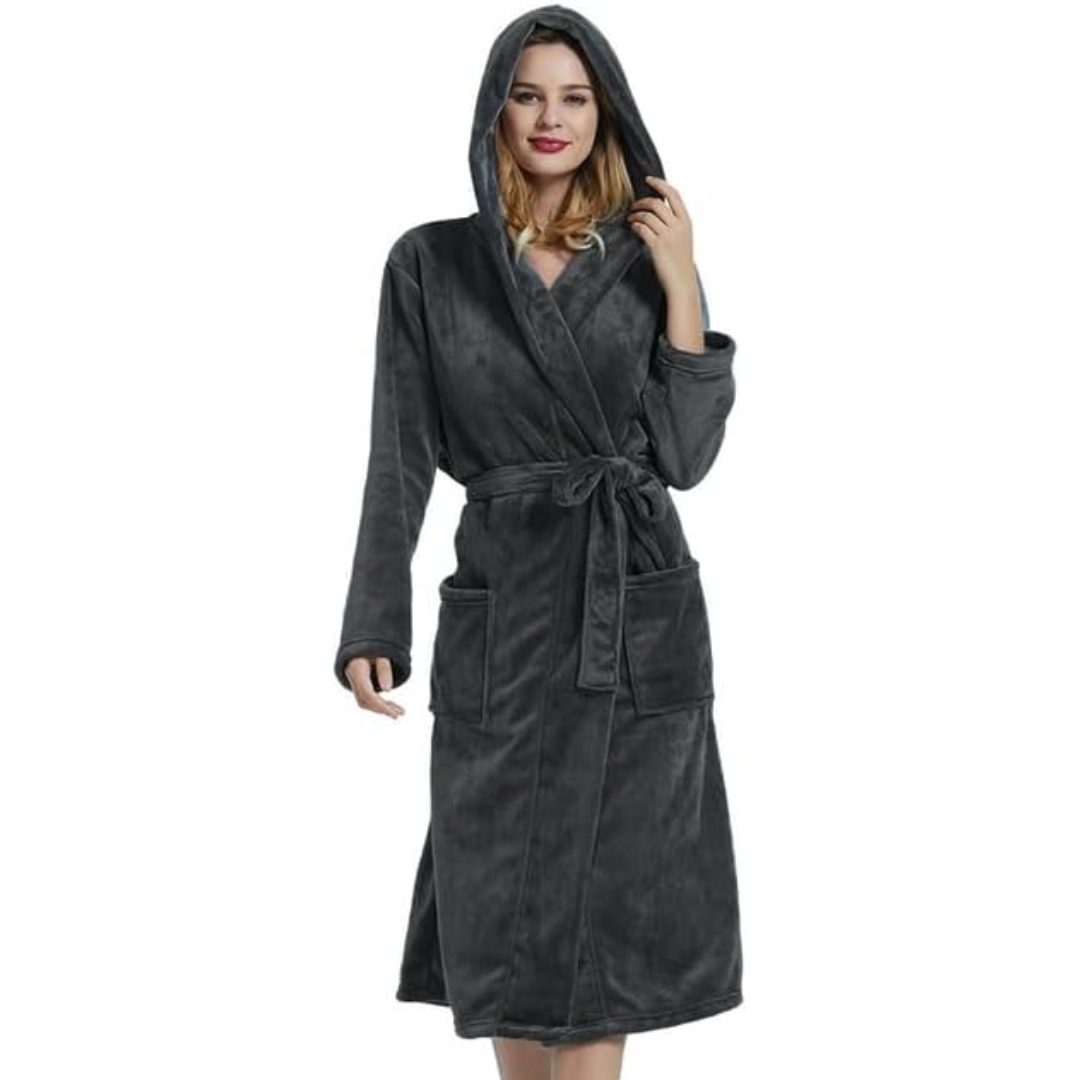 Women's super soft hooded fleece robe, warm and comfortable sleepwear.