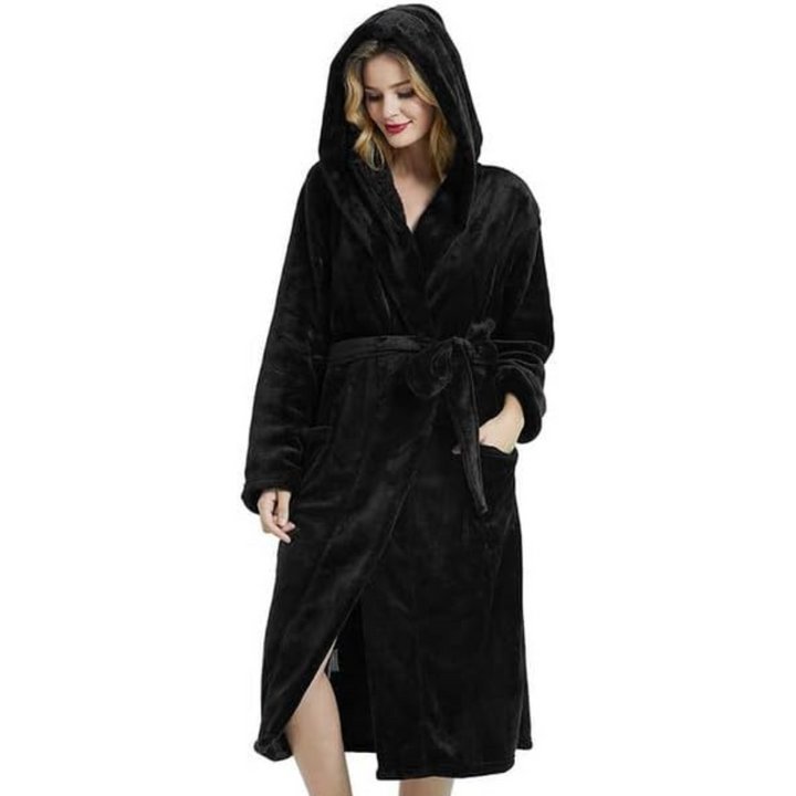 Everyday comfort: Women's plush fleece hooded bathrobe, ideal for home.