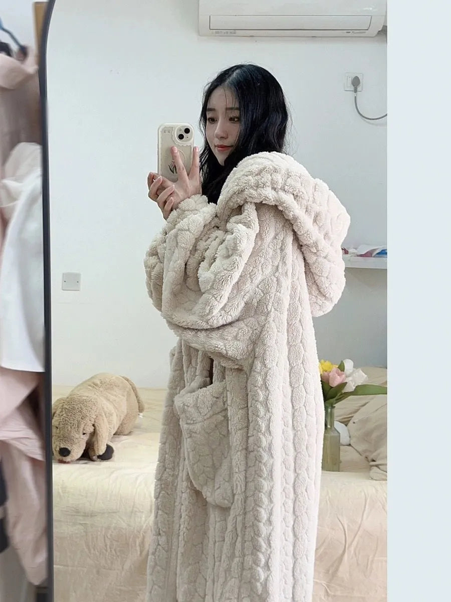Amy Nightfall women's plush hooded bathrobe in a luxurious, warm fabric. Ultimate cozy loungewear & sleepwear.