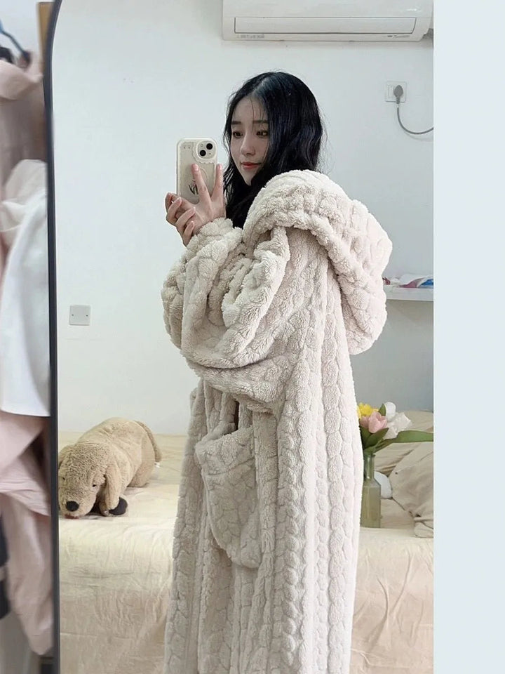 Amy Nightfall women's plush hooded bathrobe in a luxurious, warm fabric. Ultimate cozy loungewear & sleepwear.
