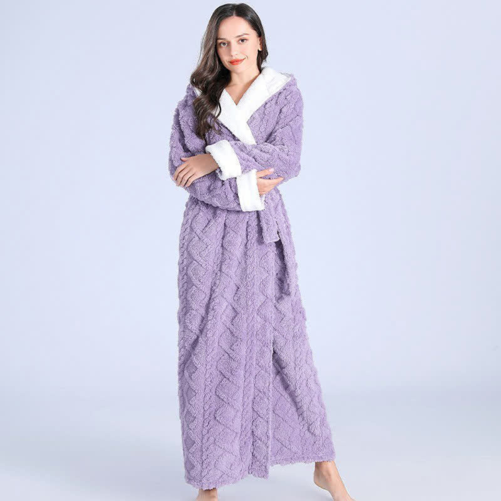 Luxurious women's hooded flannel bathrobe with plush coral fleece. Experience ultimate warmth & softness in this long winter robe.