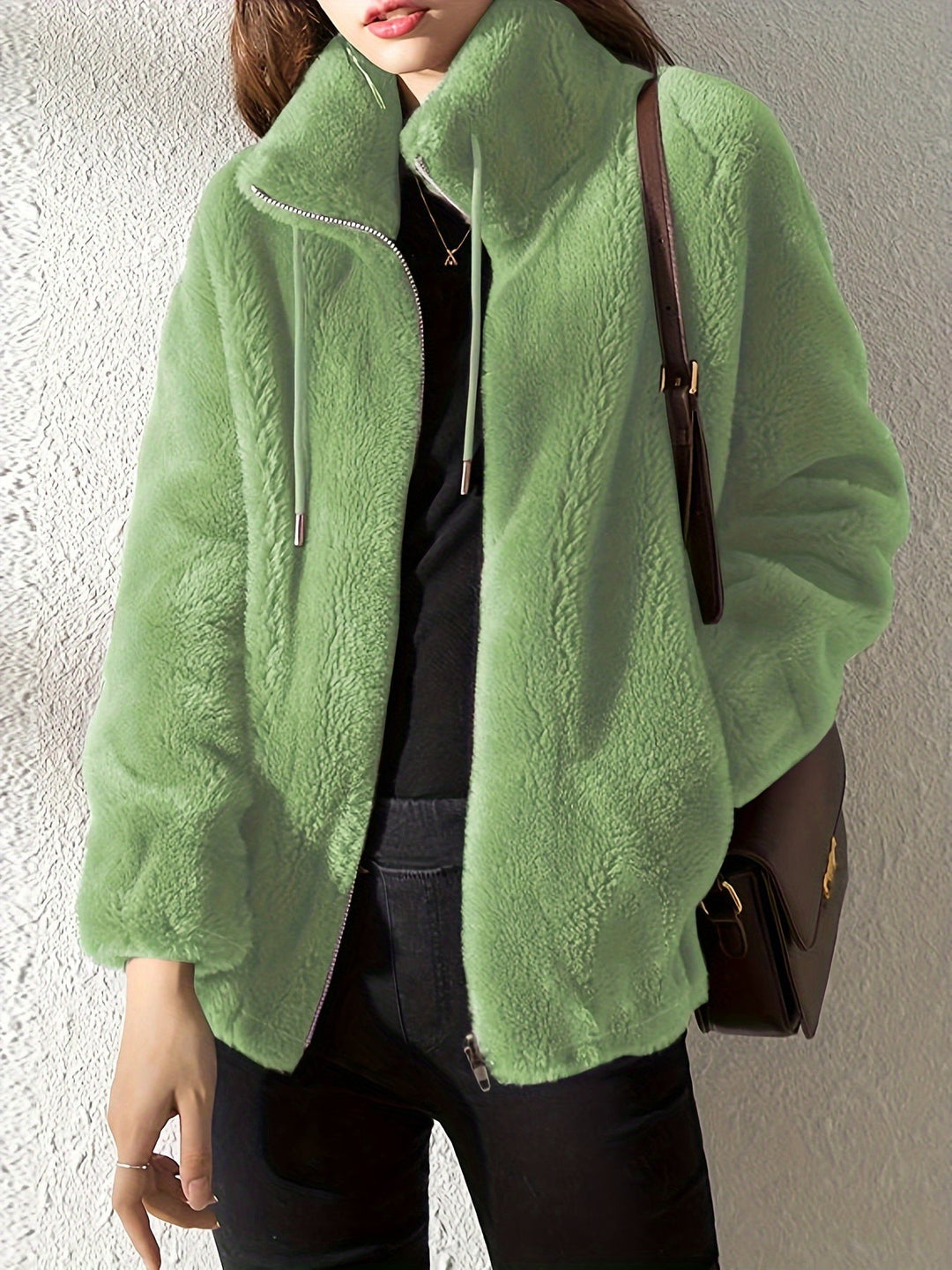 Women's plush teddy coat with drawstring waist & full zipper. Cozy, warm outerwear for fall & winter.