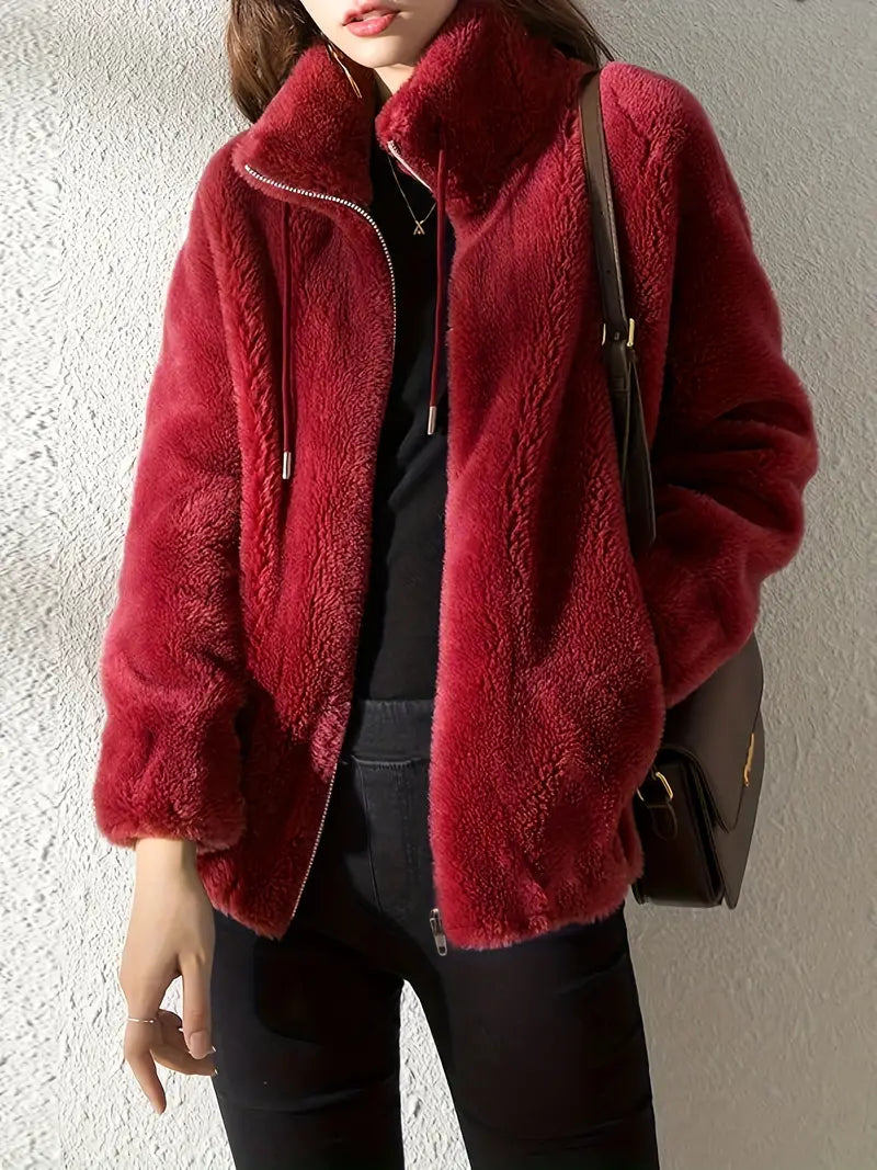 Soft women's teddy coat, Isla style, with a full-zip front and functional drawstring. Perfect cozy outerwear.