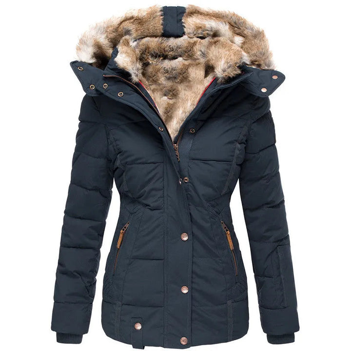 Women's plush winter puffer jacket, warm & stylish. Perfect for cold weather fashion.