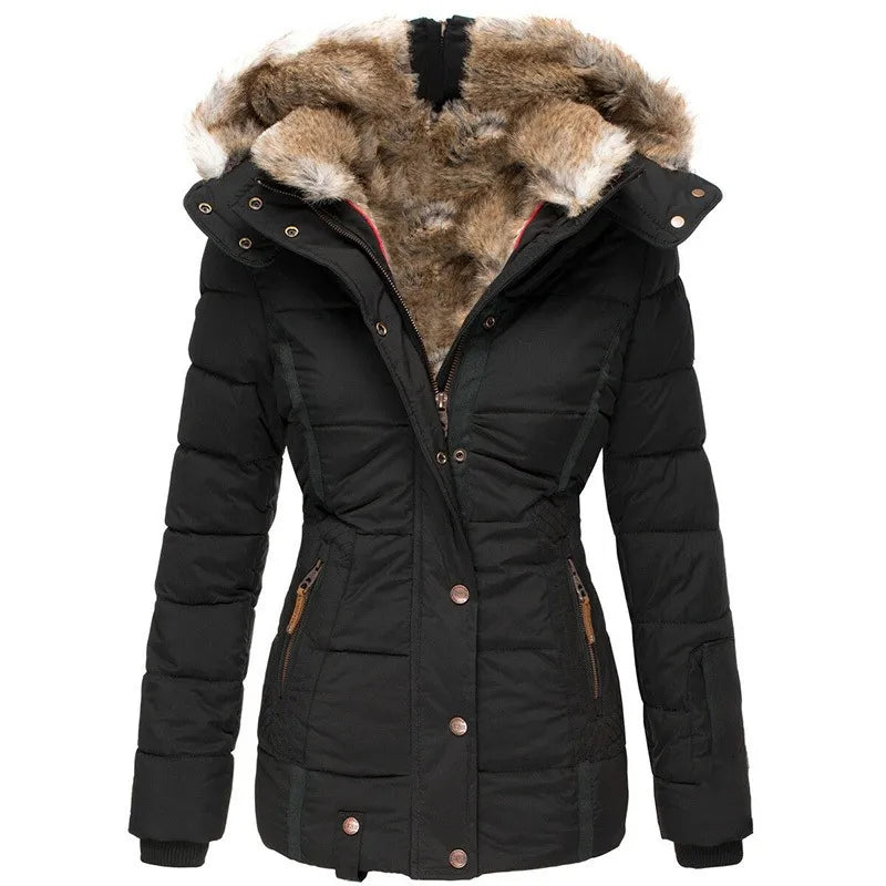 Elegant women's winter puffer jacket with detachable hood. Plush comfort & quilted design.