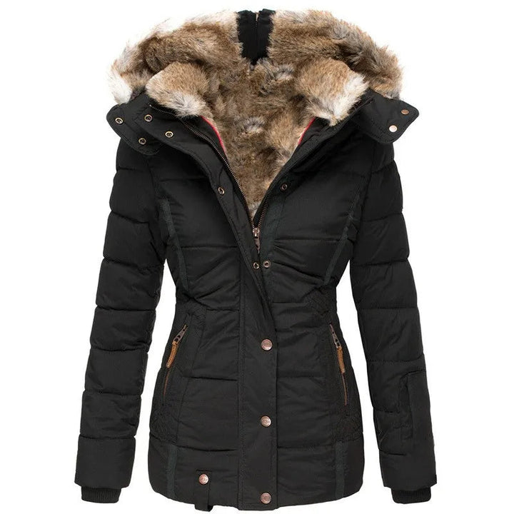 Elegant women's winter puffer jacket with detachable hood. Plush comfort & quilted design.