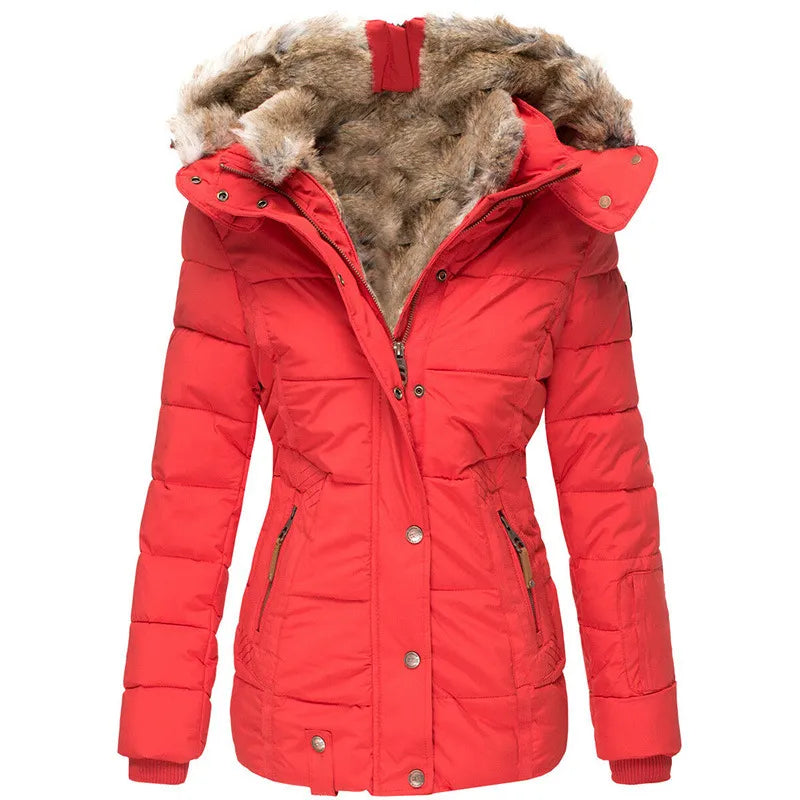 Plush women's winter jacket, a warm puffer coat ensuring comfort in cold weather.