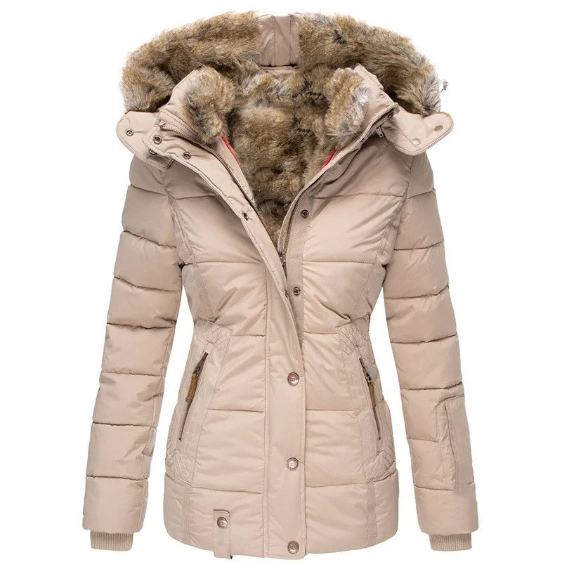 Women's warm winter puffer jacket, plush comfort with a detachable hood for cold weather.