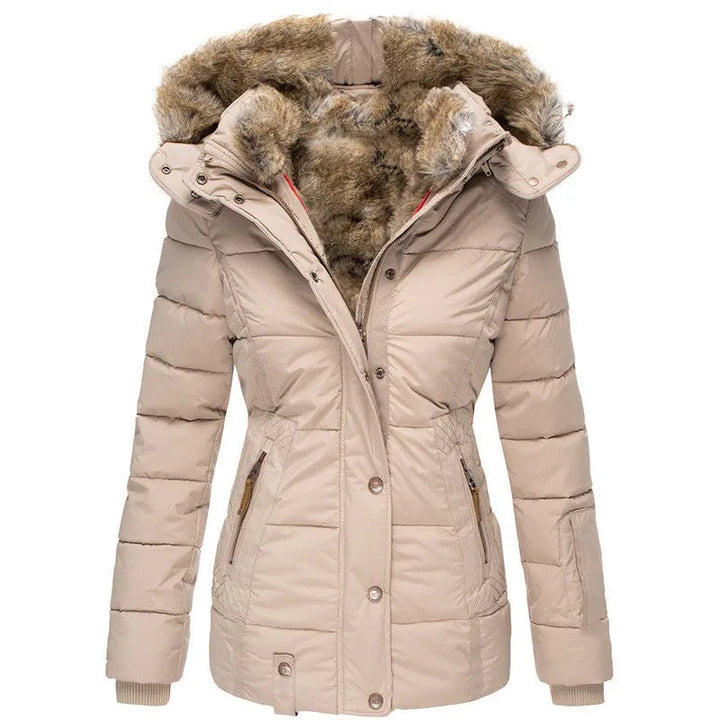 Women's warm winter puffer jacket, plush comfort with a detachable hood for cold weather.