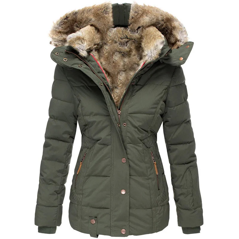 Elegant women's quilted puffer jacket. Warm & plush winter coat, perfect for cold weather fashion.