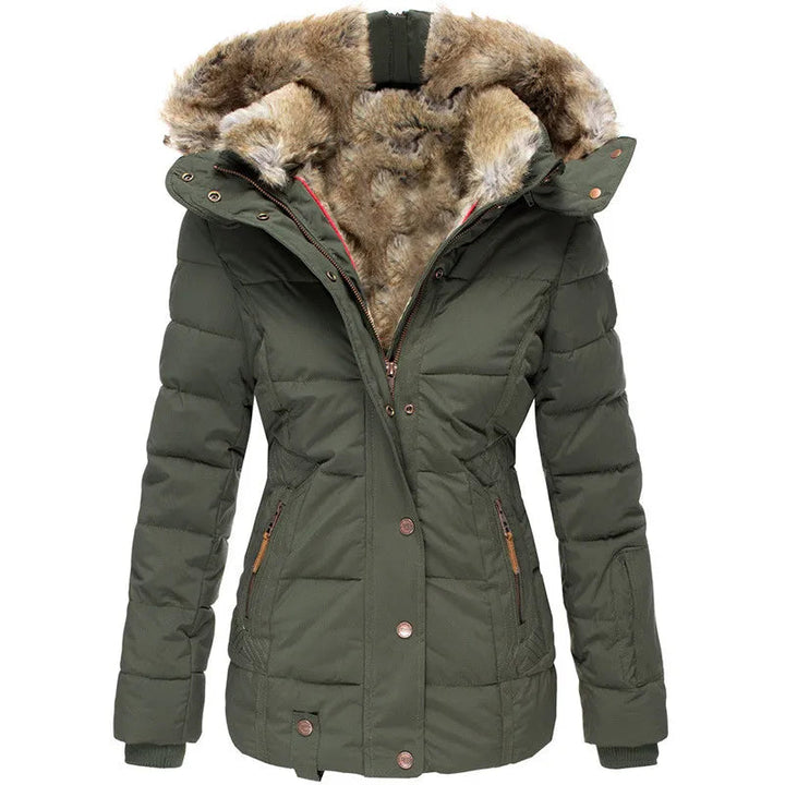 Elegant women's quilted puffer jacket. Warm & plush winter coat, perfect for cold weather fashion.