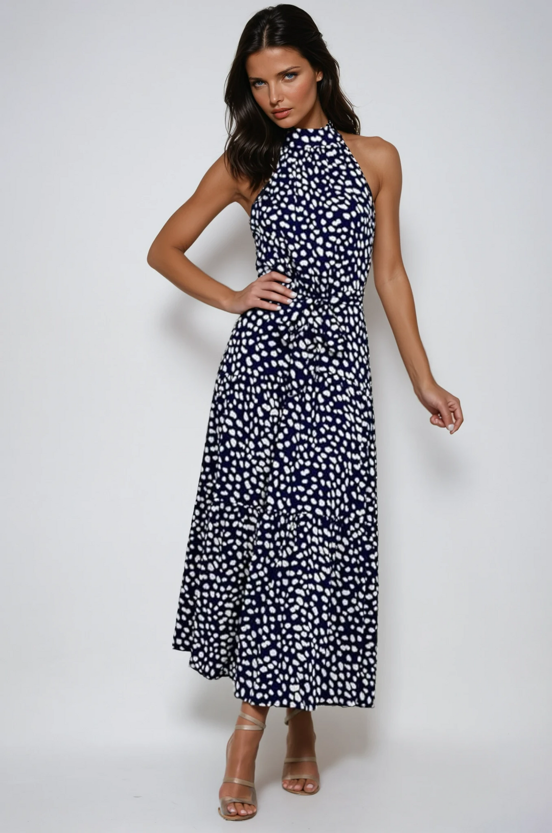 Women's polka dot halter midi summer dress. Elegant fit & flare casual daytime wear in women's fashion.