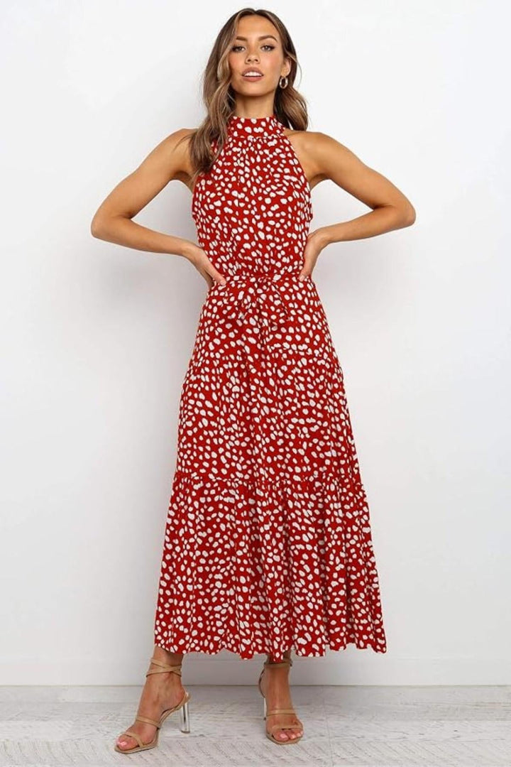 White polka dot halter midi summer dress. Women's fashion, elegant and casual fit & flare for warm weather.