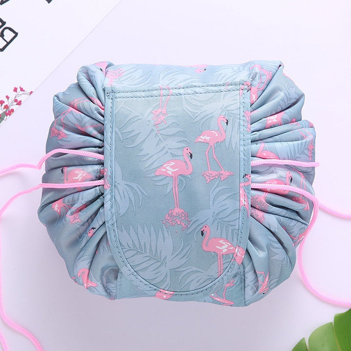 Compact drawstring travel organizer for women's cosmetics, ideal for trips & daily use.