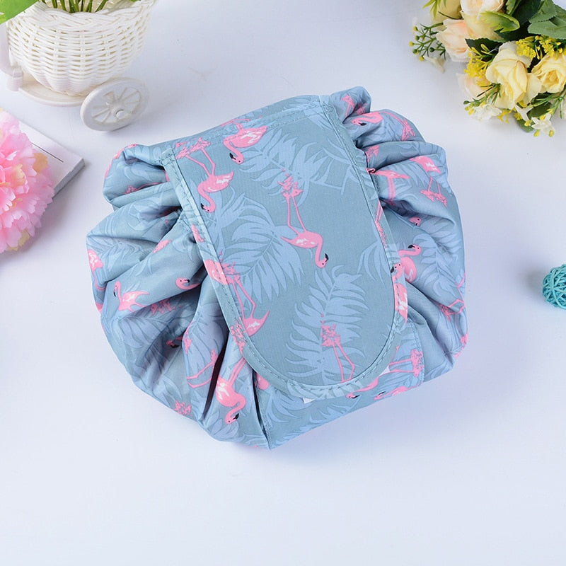 Waterproof drawstring makeup bag for women. Keeps travel toiletries & beauty products secure.