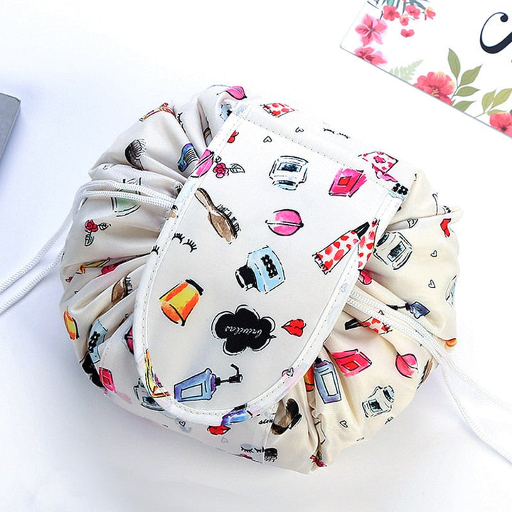 Spacious drawstring cosmetic bag for women. Portable organizer for all your travel accessories.