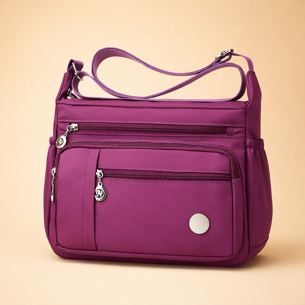 Women's practical travel crossbody bag with multi-pockets, secure zippers. Available in stylish black, blue, red, purple.