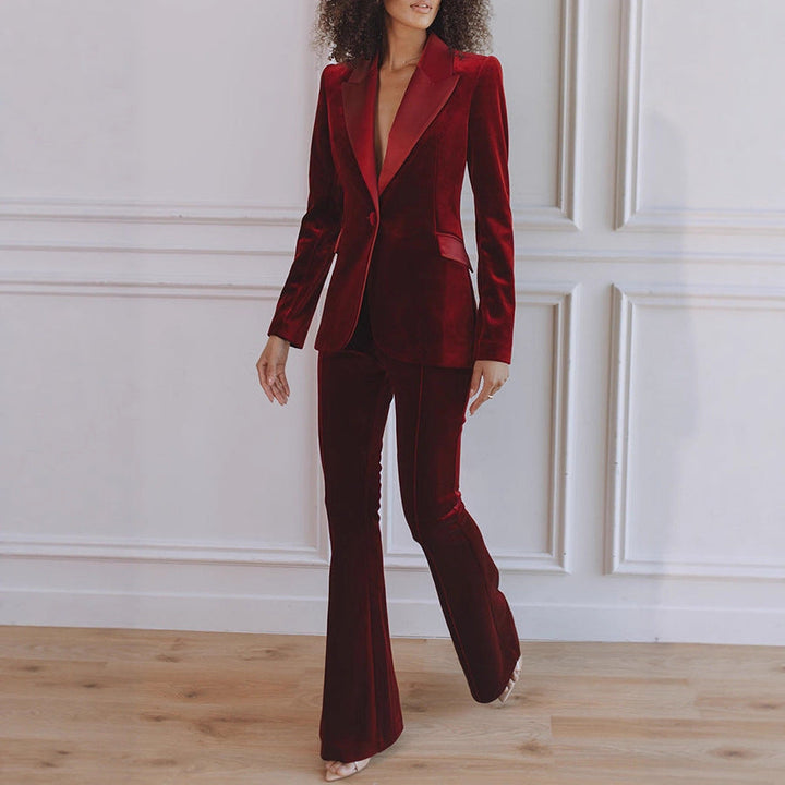 Sophisticated women's two-piece workwear: stylish blazer & fashionable flare trousers for office fashion.