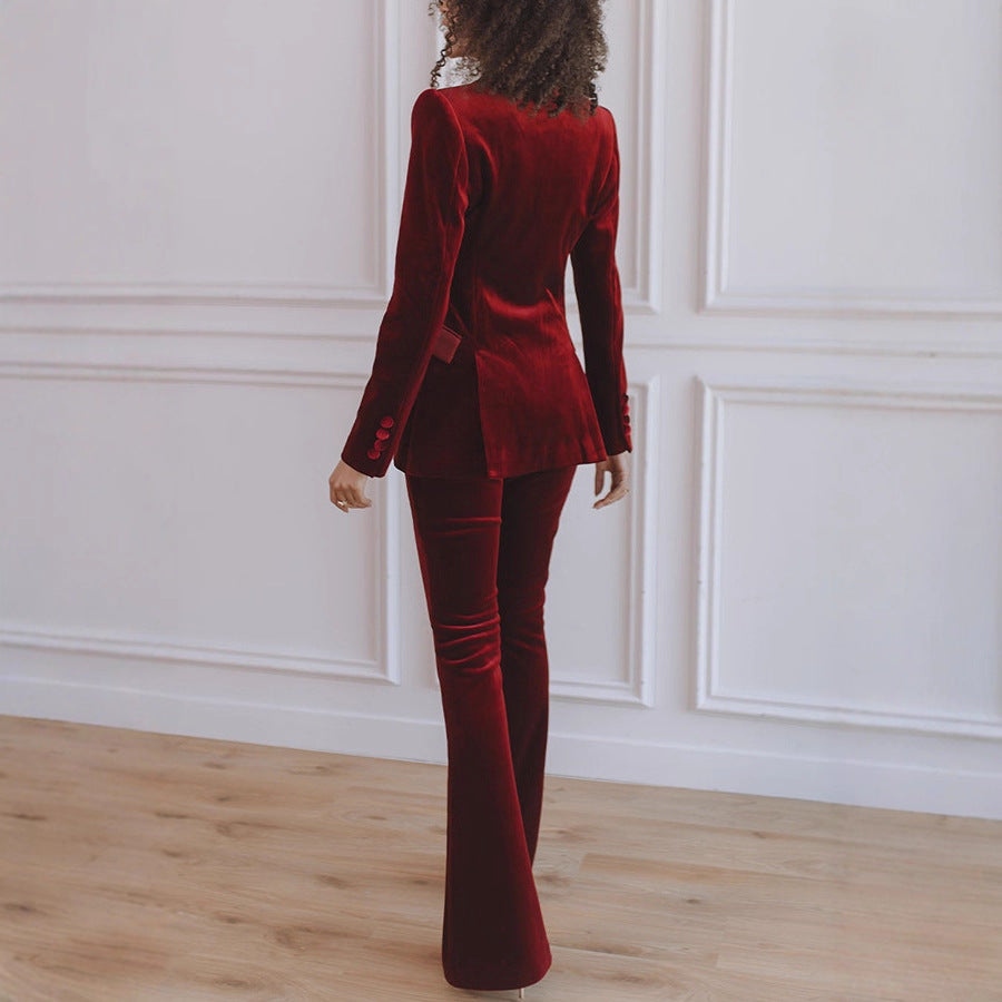 Elegant women's workwear blazer and flare trouser co-ord set. Ideal for professional business attire.