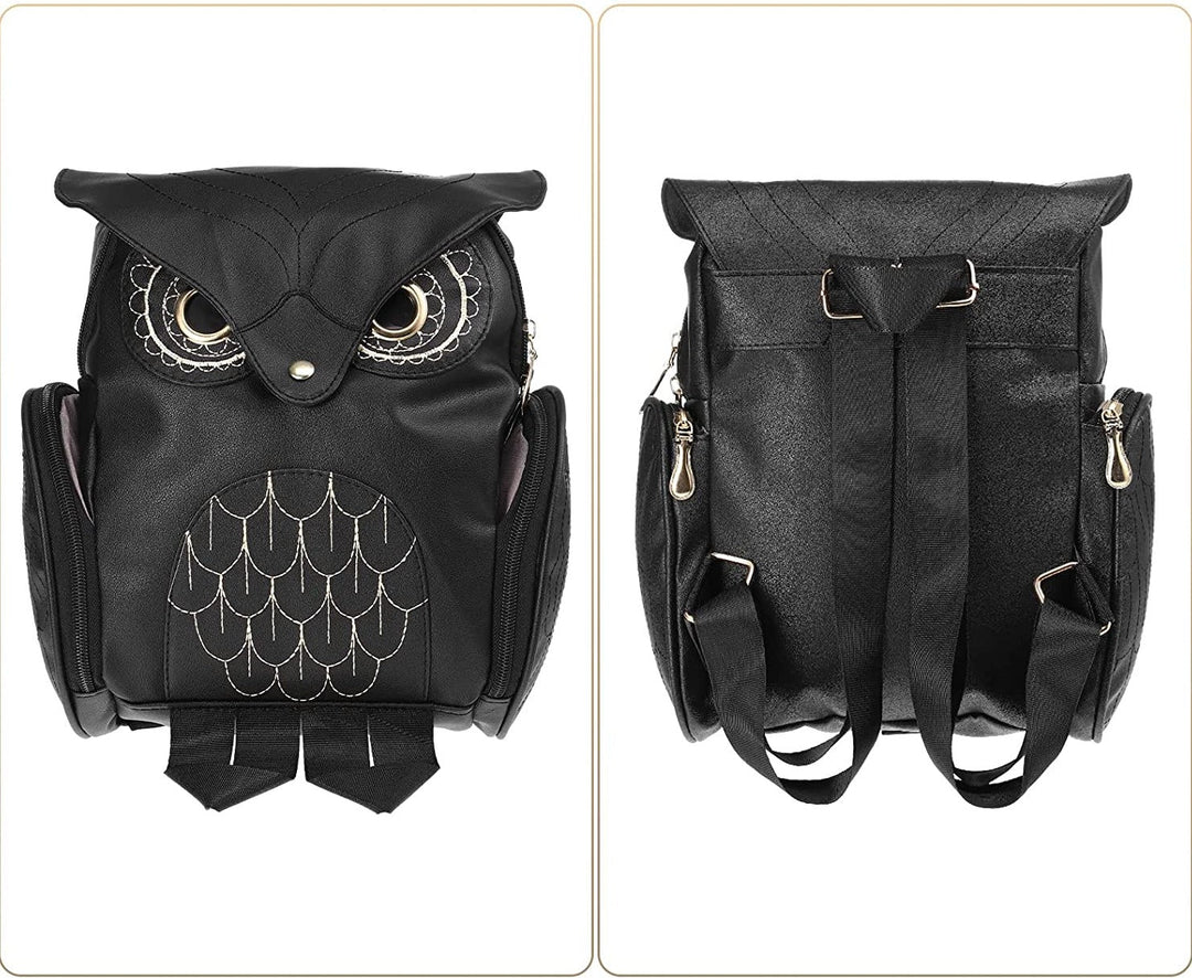 Woman wearing a fashionable multi-pocket PU leather owl print backpack, suitable for daily adventures.