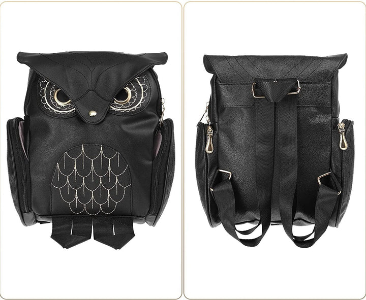 Woman wearing a fashionable multi-pocket PU leather owl print backpack, suitable for daily adventures.