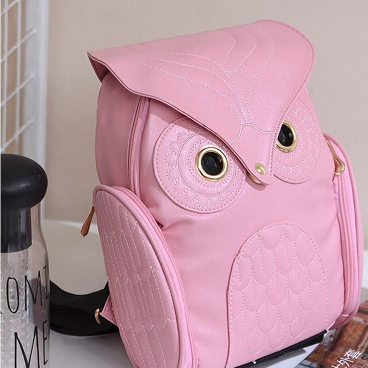 Durable multi-pocket PU leather owl print backpack for women, ideal for daily use & travel.