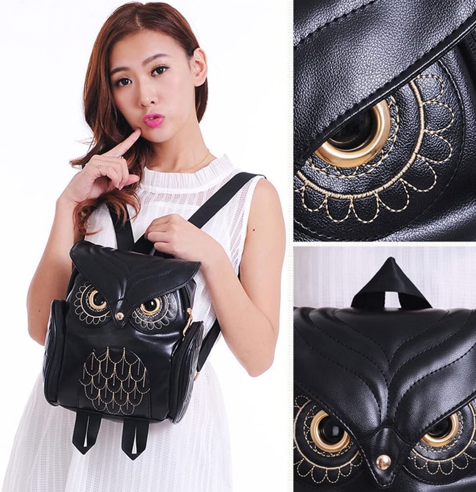 Front view of women's PU leather owl print backpack, showcasing its practical multi-pocket design.