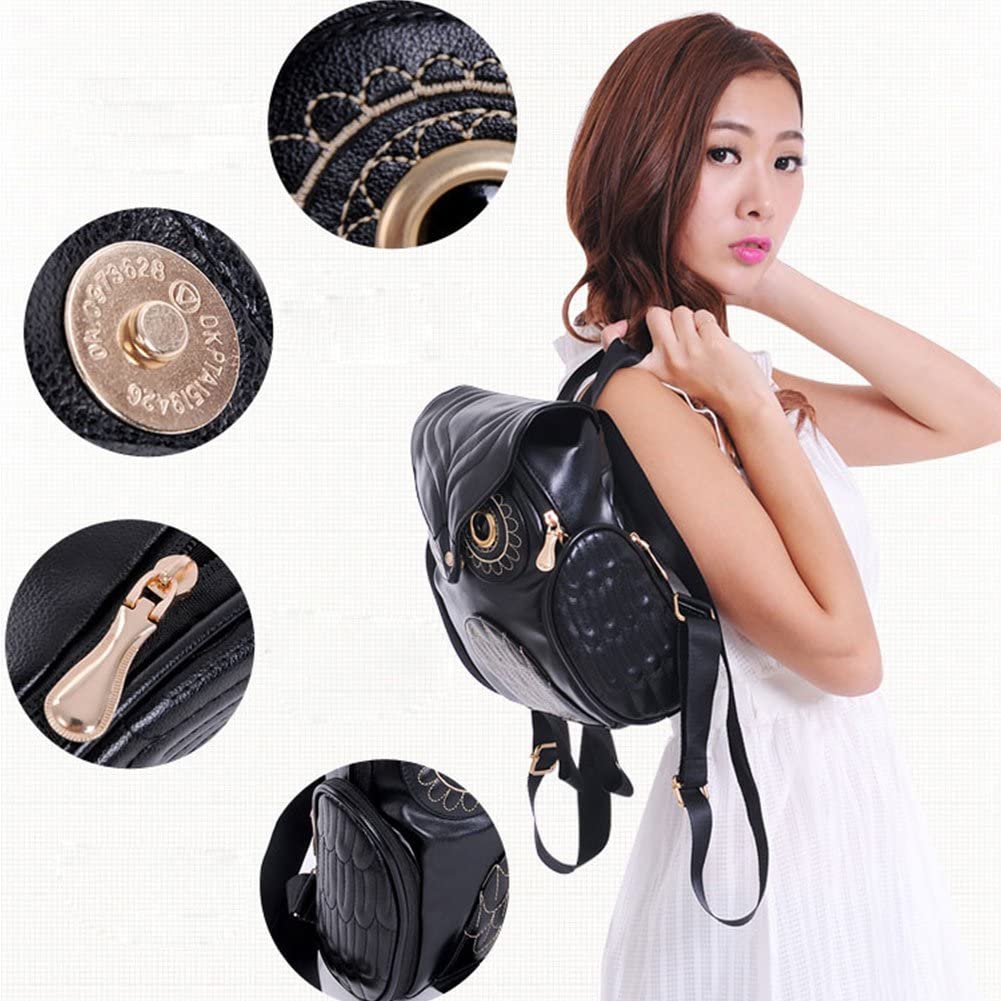 Side view of a women's multi-pocket PU leather owl print backpack, ideal for daily commutes.