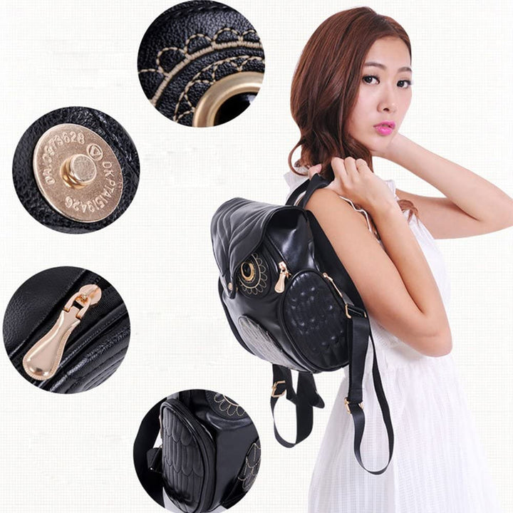Side view of a women's multi-pocket PU leather owl print backpack, ideal for daily commutes.