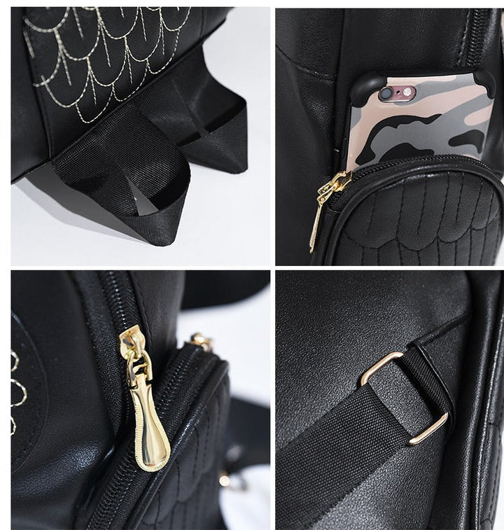 Back view of women's PU leather owl print backpack with adjustable straps & secure multi-pockets.