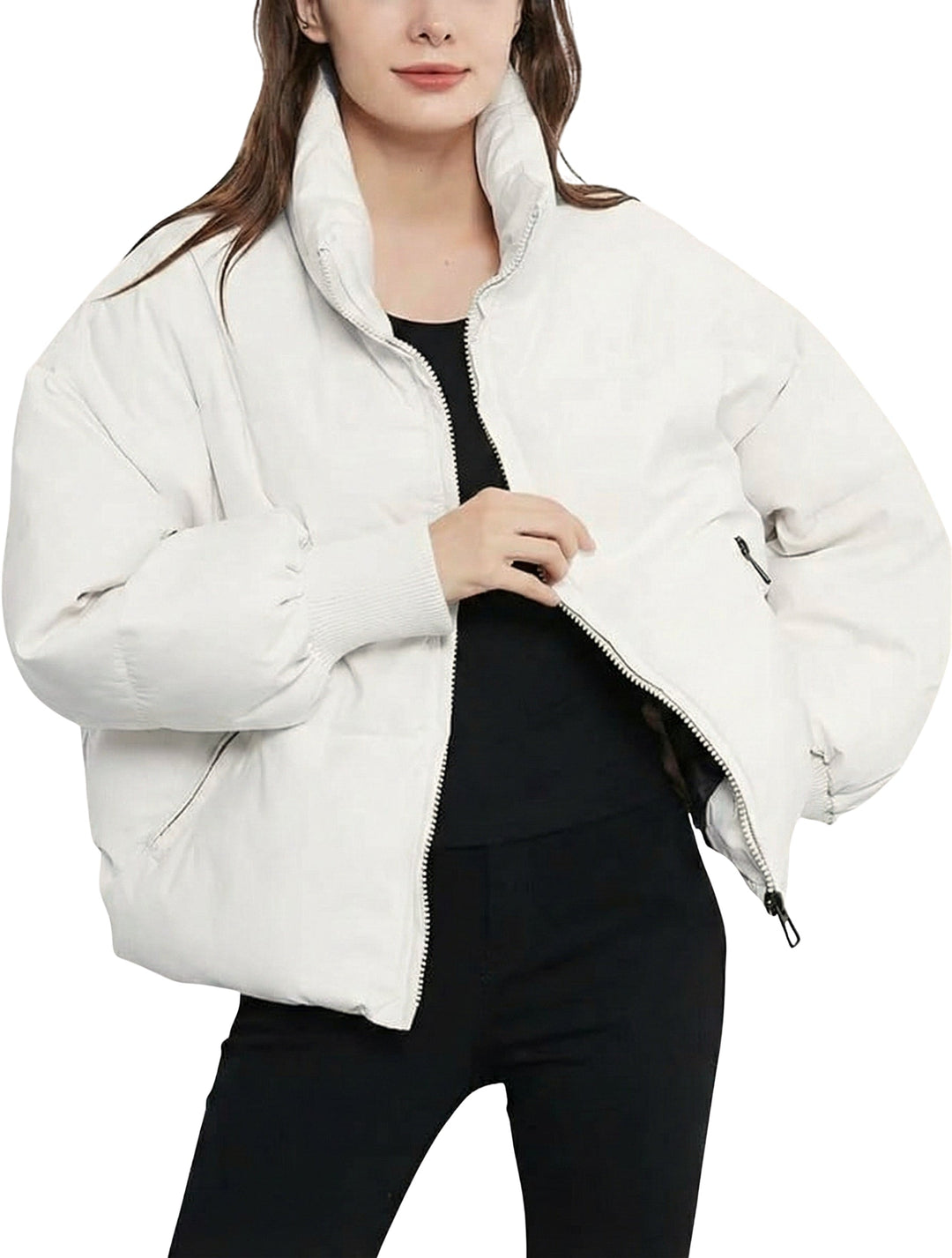 Versatile women's short cropped quilted puffer jacket, a stylish & warm choice for fall & winter fashion.