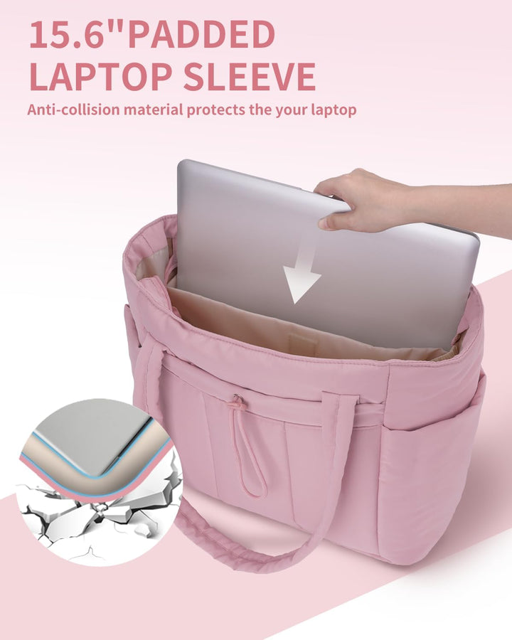 Modern quilted puffer tote bag for women, with laptop protection & cup holder.