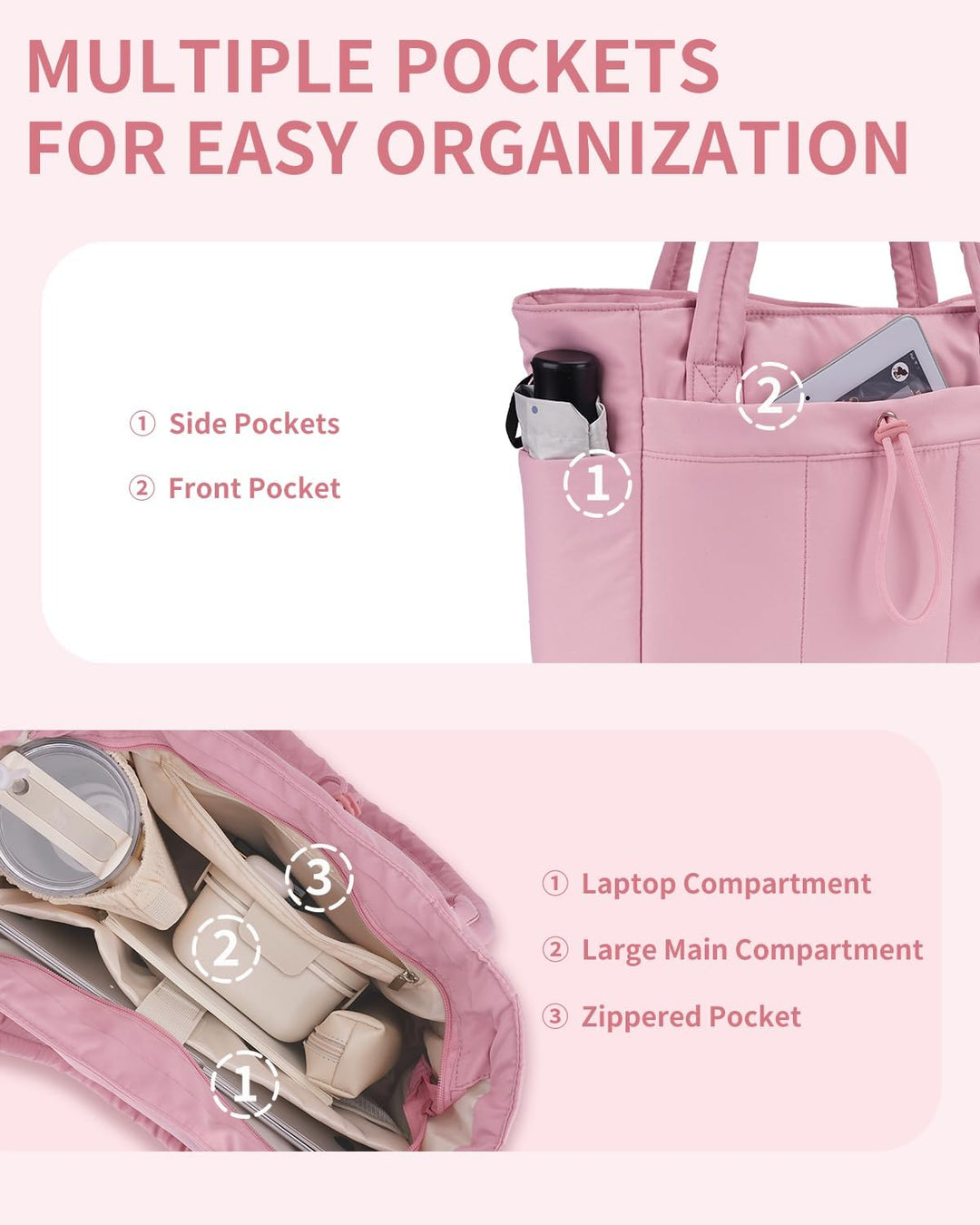 Women's travel-ready quilted puffer tote with trolley sleeve & laptop compartment.