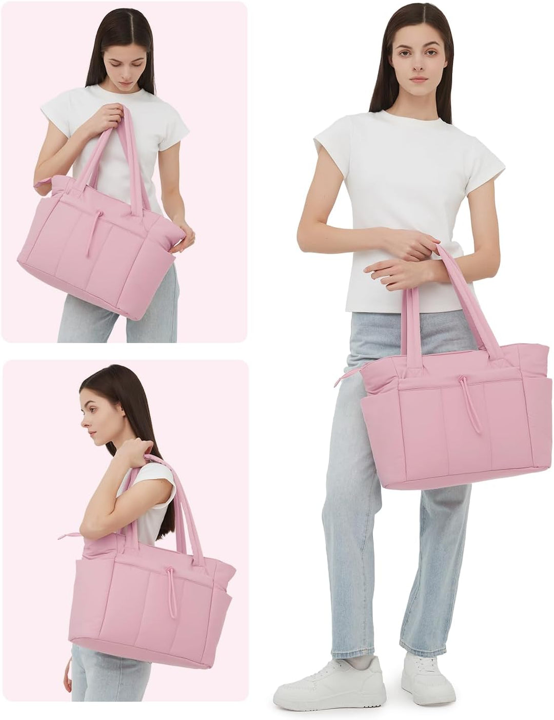 Practical quilted puffer work tote, designed with cup holder & laptop sleeve.