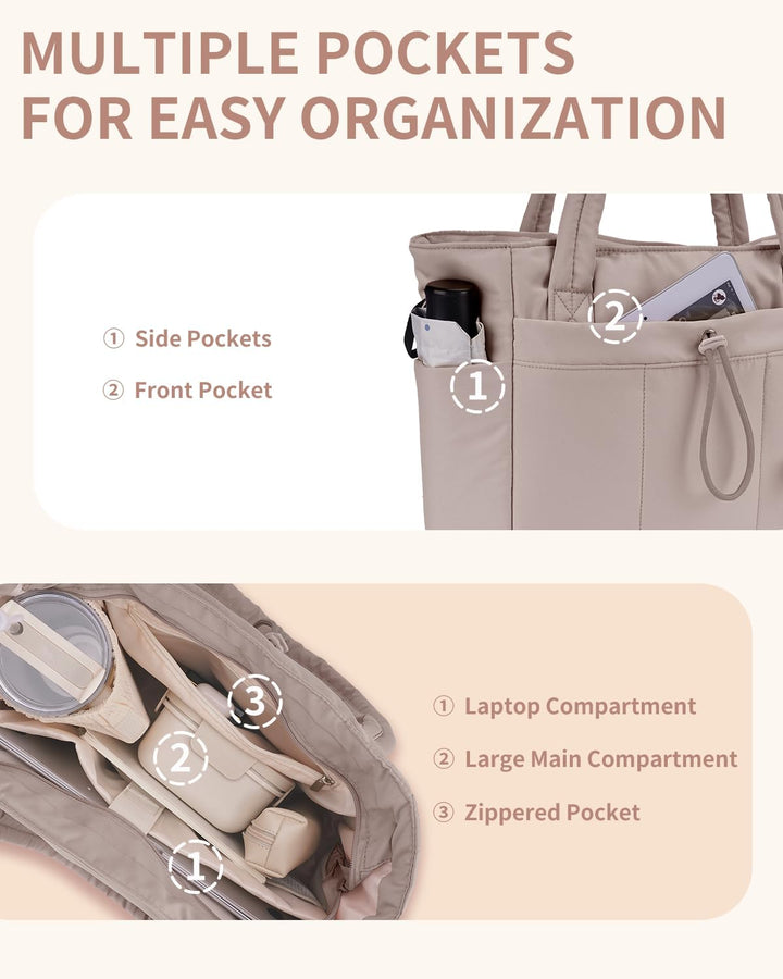 Versatile women's quilted puffer tote with cup holder, ideal for travel & work.