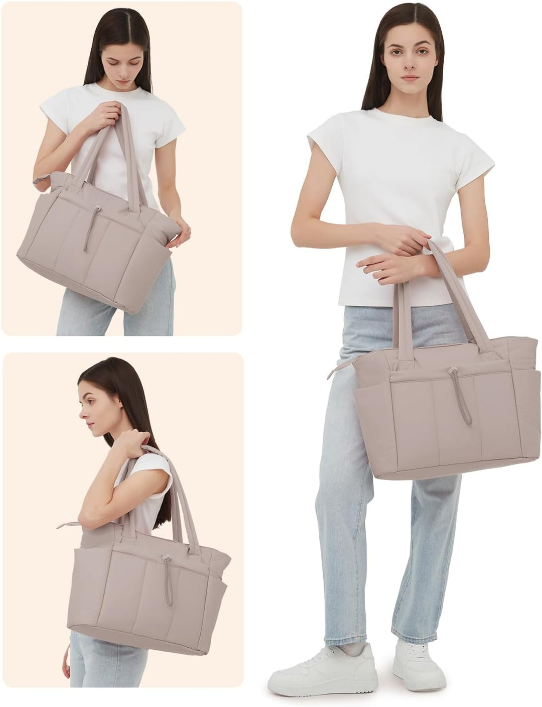 Chic puffer tote bag for women, featuring laptop sleeve, cup holder & spacious design.