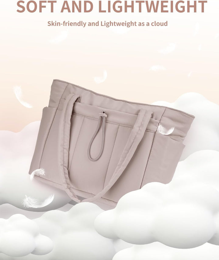 Durable quilted puffer tote for women, a great gym carryall & travel companion.
