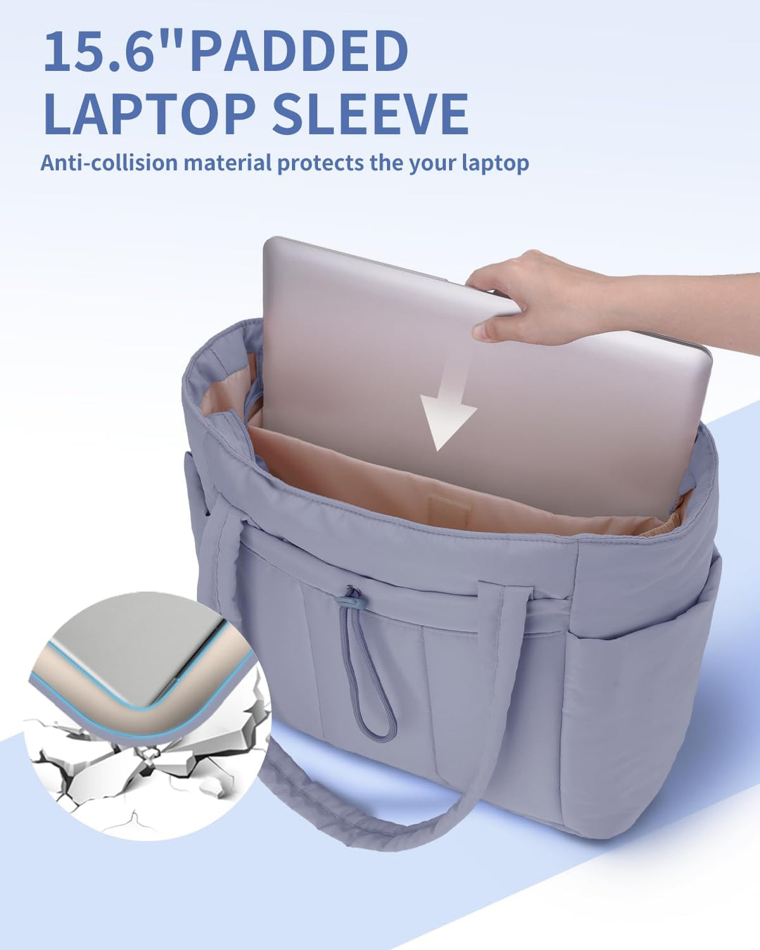 Stylish women's quilted puffer work bag with laptop sleeve & beverage holder.