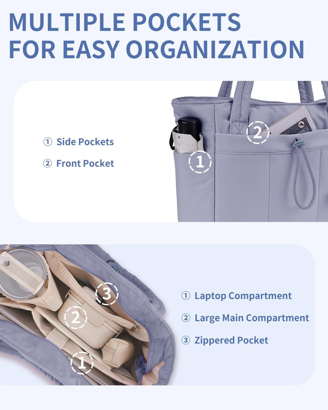 Quilted puffer tote bag for women, featuring laptop sleeve, cup holder & trolley sleeve.