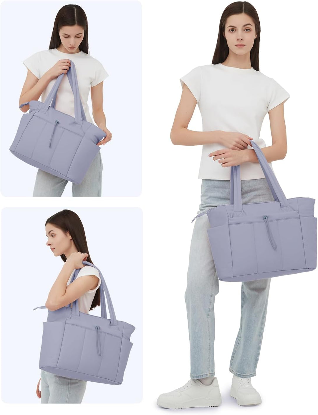 Women's versatile gym carryall, a quilted puffer tote with laptop sleeve.