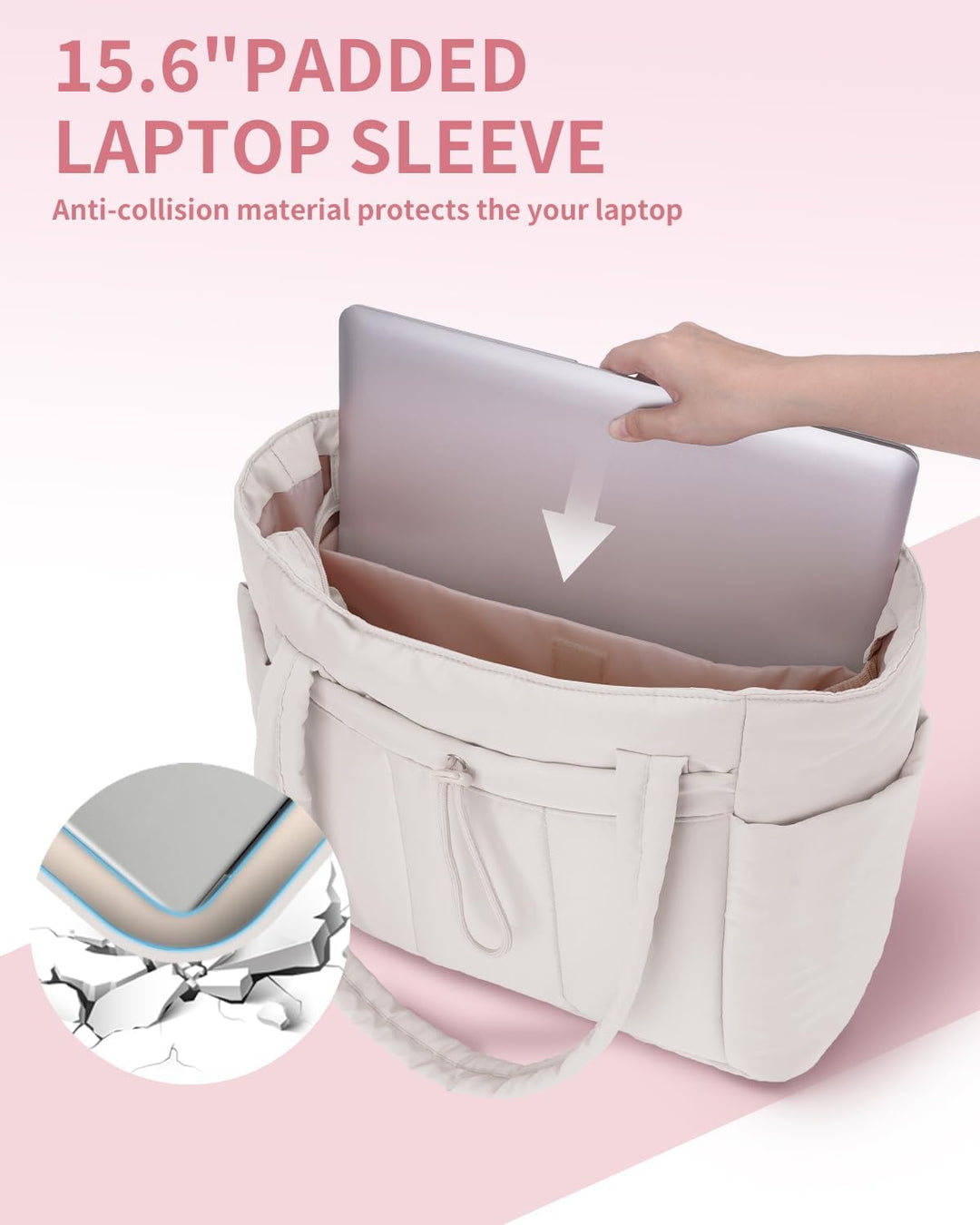 Spacious quilted puffer laptop tote with cup holder & trolley sleeve for travel.