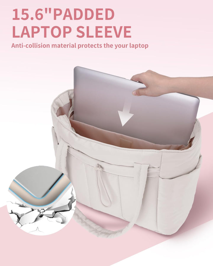 Spacious quilted puffer laptop tote with cup holder & trolley sleeve for travel.